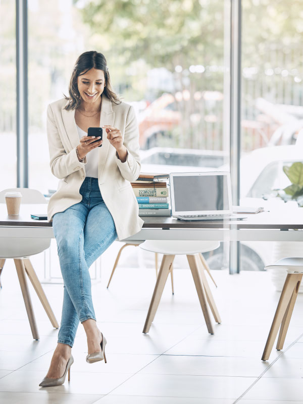 business woman checking on social media advertising on cell phone