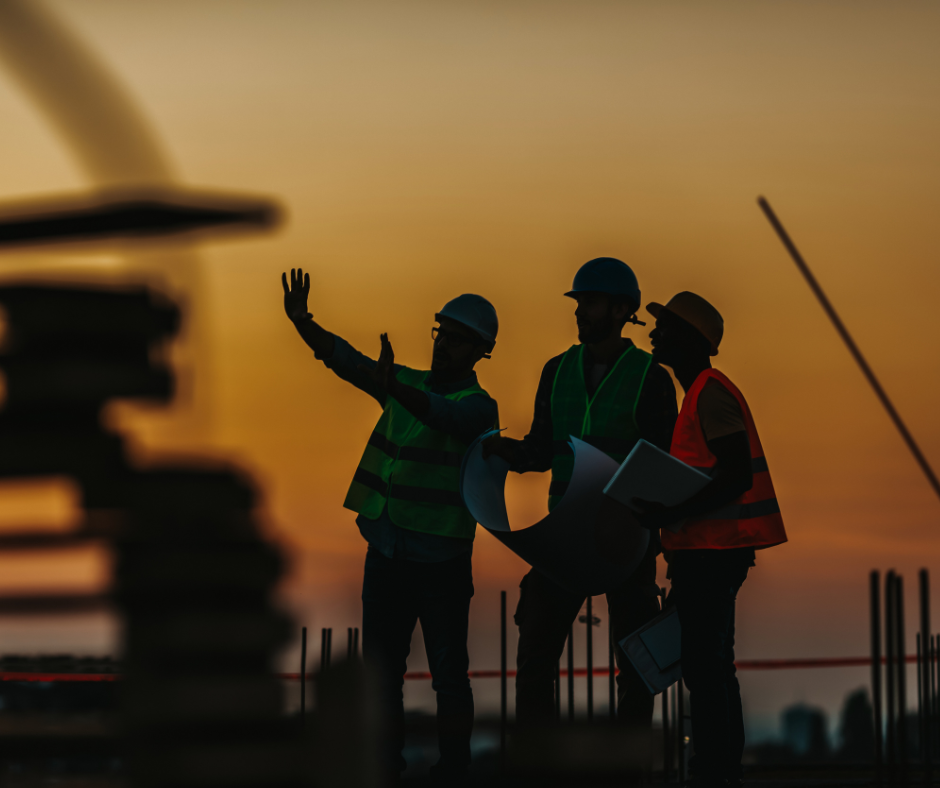 Photo of men in construction hard hats looking at a project